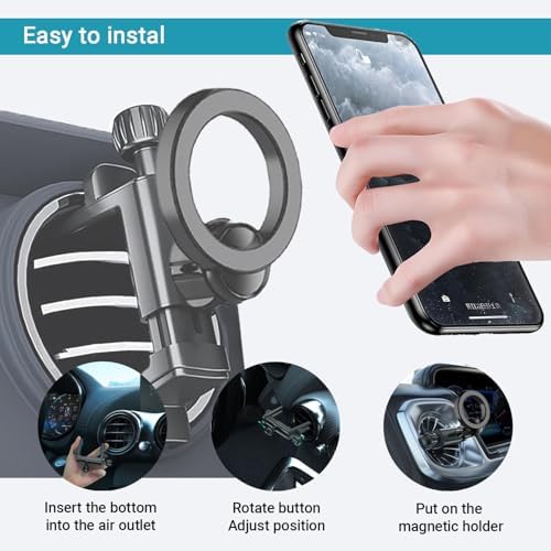 Magnetic Luxury Car Phone Holder for Round Vents – Effortless Mount Compatible with Mercedes-Benz & Mini Cooper – Mag Safe Technology for i Phone 12/13/14/15 Series – Stylish, Secure, and Easy Installation – Elevate Your Driving Experience with Unmatched Convenience and Safety