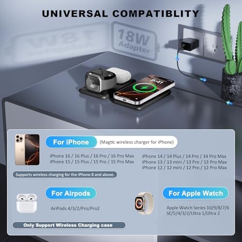 Elevate Your Charging Game with the Ultimate 3-in-1 Wireless Charger – Fast Magnetic Charging Station for i Phone 16, Compatible with i Phone 15, 14, 13, 12 Pro Max, Air Pods 4/3/Pro & Apple Watch – Perfect for Travel & Daily Use, Streamlined Design for Effortless Organization and Enhanced Efficiency