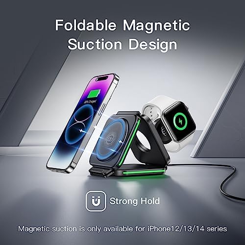 Magnetic 3-in-1 Travel Charging Station for Apple Devices – Ultra-Fast Wireless Charger for i Phone 16/15/14/13/12/Pro/Max/Mini, Air Pods Pro/Wireless, and Apple Watch Series Ultra/SE/10/9/8/7/6/5/4/3/2 – Compact Foldable Design for Ultimate Portability and Compatibility, Ideal for Busy Professionals and Travelers Seeking Efficiency and Style