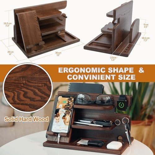 TESLYAR Wood Phone Docking Station for Men – Desktop or Nightstand Organizer – Birthday gifts for Men or Dad – Anniversary Idea from Wife – Key Holders, for Wallet, Watch & Essentials (Chestnut Brown) – Enhanced Compatibility and Speed