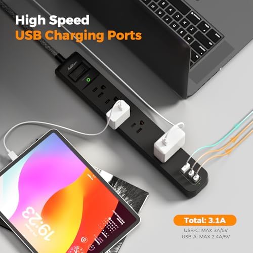 Dual Pack Surge Protector Power Strip with 5 Spacious Outlets and 3 Fast USB Ports – 1875 W/15 A Capacity for Home Office Efficiency, 6 Ft Durable Braided Cord, Smart Overload Protection, Wall Mountable Flat Plug Design for Optimal Space Utilization and Device Safety