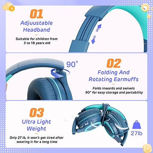 Comfort-First Volume-Limited Kids Headphones – Foldable Wired Earphones in Blue for Safe School & Travel Listening – Adjustable Fit for Young Ears