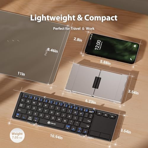 Ultra-Portable i Clever Bluetooth Keyboard with Touchpad – Sleek Foldable Design, Durable Metal Body, USB-C Charging, Multi-Device Compatibility for i Pad, i Phone, Android & Windows – Perfect for Travelers and Professionals in Silver White