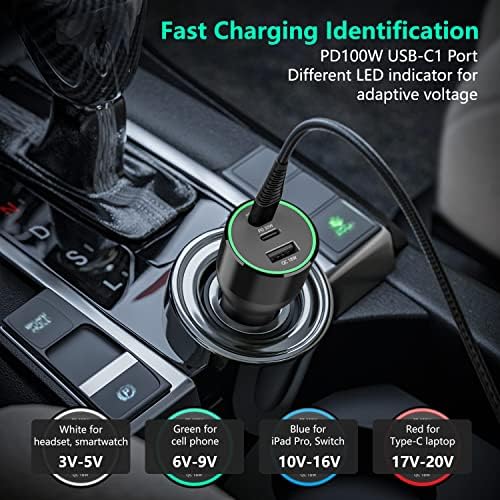 High-Power 200 W USB C Car Charger – Multi-Port PD3.0 QC4.0 Adapter with Dual 100 W Cables for Fast Charging on the Go – Universal Compatibility for Dell XPS, Mac Book, i Phone 16/15/14, Galaxy S24 Ultra & i Pad Pro – Efficient Travel Companion for Modern Devices