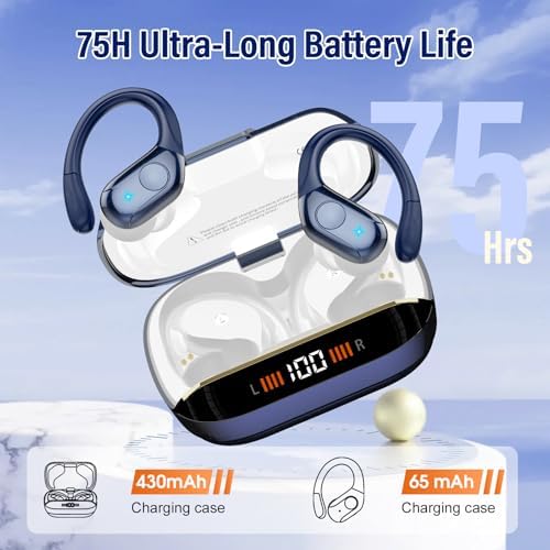 Advanced Bluetooth 5.4 Wireless Earbuds with Deep Bass – 75 Hours Playtime, IP7 Waterproof Sports Earphones Featuring Ergonomic Earhooks, LED Battery Display, and 4 ENC Microphones for Enhanced Sound Quality and Clear Calls – Perfect for Fitness Enthusiasts and Music Lovers in Sleek Black