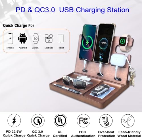 Wooden USB Charging Station for Multiple Devices – Fast Charging Dock with QC3.0 & PD 22.5 W Type-C for i Phone, Samsung, Google Android, Smartwatch, and Earbuds – Perfect Gift for Tech-Savvy Men – Stylish Organization & Enhanced Compatibility