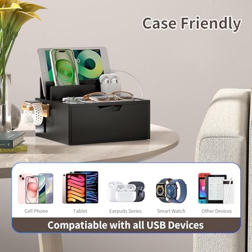 Pezin & Hulin Eco-Friendly Bamboo Multi-Device Charging Station: Elegant Nightstand Dock with Integrated Power Charger, USB Hub & Storage Drawer – Fast Charging for Phones & Tablets, Stylish Organizer for Modern Spaces