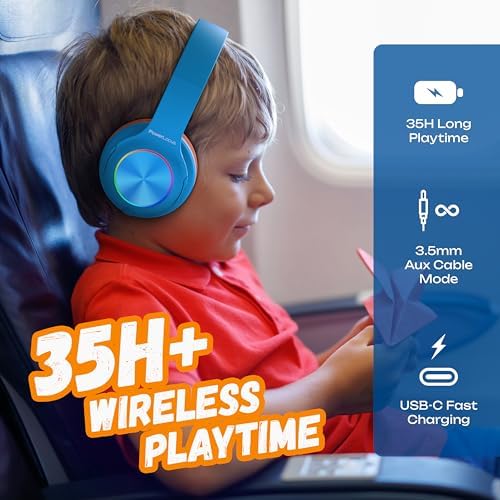 Vibrant Power Locus PLED Kids Bluetooth Headphones – Safe Volume Control (74/85/94 d B), Fun LED Lights, Hi-Fi Sound, Built-in Microphone & Multi-Connectivity for Travel, Learning & Play – Perfect Over-Ear Design for Children