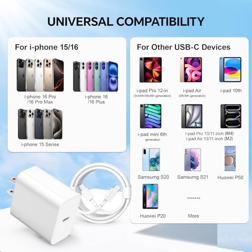 Lightning-Fast 20 W USB-C Wall Charger & 10 FT Cable for i Phone 15/16/Plus/Pro Max – Sleek Pink-Blue Power Adapter for Ultimate Charging Performance and Versatile Use