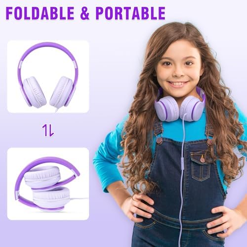 Rockpapa L22 Purple Over-Ear Headphones for Kids & Women – Lightweight, Foldable, and Durable Wired Design with Built-In Microphone for Clear Hands-Free Communication, Perfect for School, Travel, and Daily Use – High-Quality Stereo Sound and Tangle-Free Cord for Seamless Audio Enjoyment