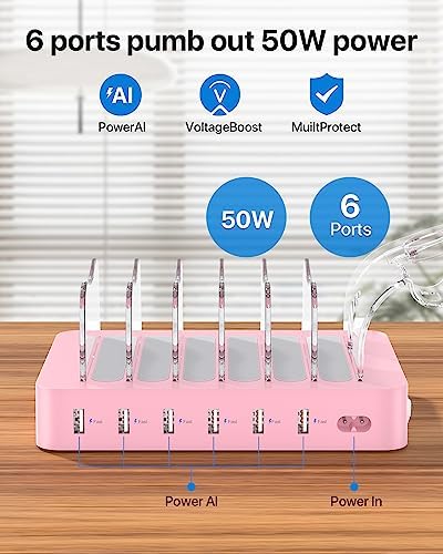 Soo Pii Elegant Pink 6-Port USB Charging Station Organizer – Fast Multi-Device Charging Hub with 6 High-Speed Cables and i-Watch Holder – Ultimate Solution for Neat Workspaces and Efficient Device Management