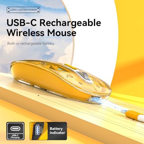 Experience Unmatched Versatility with the Uiosmuph Tri-Mode Bluetooth Mouse – Wireless, USB-C Rechargeable, and Quiet Click Design for Seamless Multi-Device Connectivity – Stylish Transparent Cover and Battery Level Indicator – Perfect for Laptops, Macs, and i Pads – Sleek Yellow Finish for Enhanced Productivity