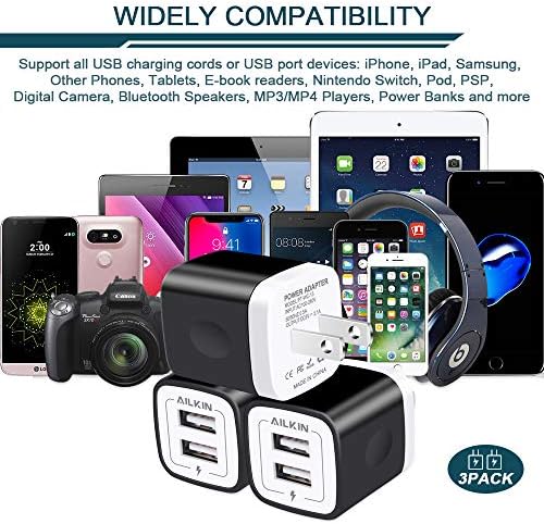 AILKIN 3-Pack Dual USB 5 V/2.1 A Wall Charger – Fast Charging Power Adapter for i Phone 15, Samsung Galaxy, Google Pixel – Compact Travel-Friendly Design with Enhanced Compatibility and Safety Features
