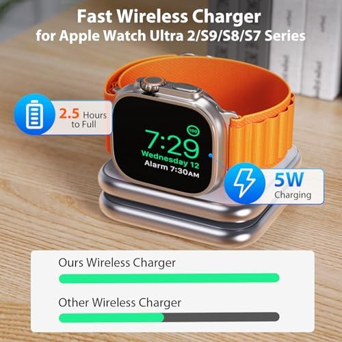 Compact 2-in-1 Foldable Wireless Charger Stand for Apple Devices – KUXIU Aluminum Magnetic Charging Station with 5 W Fast Charging for i Phone 15/14/13/12 Pro/Max, Apple Watch 9/8/7/Ultra2, and Air Pods Pro – Ultimate Portability and Enhanced Compatibility for Travelers