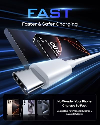 Long USB C Cable 20Ft, White Premium TPE USB A to Type C Cable Charger Cord Fast Charging for iPhone 16 15 Series Samsung Galaxy, Note, LG, Moto, Pixel and Other USB-C Device – Enhanced Compatibility and Speed