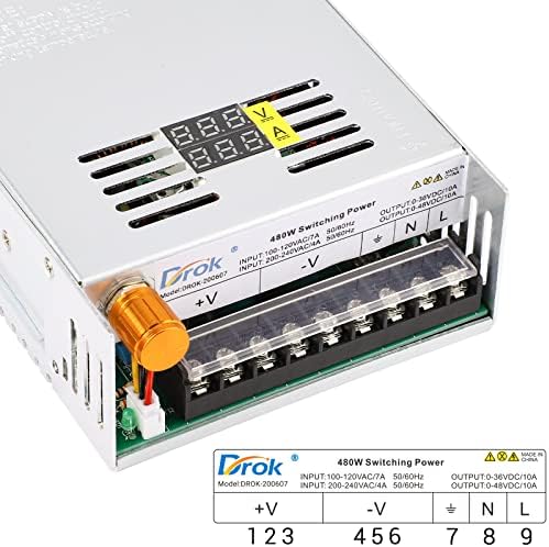 DROK 24 V Adjustable Power Supply – High-Efficiency AC to DC Converter for Reliable Power Delivery, 20 A 480 W Regulated Adapter Perfect for Computer Labs and Versatile Electronic Applications, Adjustable 5 V to 24 V Voltage Transformer for Enhanced Performance and Compatibility