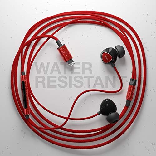 Thore V110 MFi Certified Braided Lightning Earbuds for i Phone – Sweat & Water-Resistant In-Ear Headphones with Built-in Mic and Volume Control – Perfect for Active Lifestyles and Seamless Connectivity with i Phone 12/13/14 Pro Max – Stylish Red Design for Enhanced Durability and Comfort