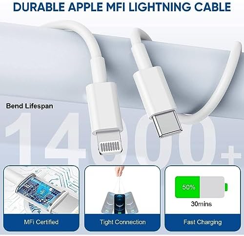 High-Speed i Phone 13 & 14 Charging Solution – Apple MFi Certified 2-Pack USB-C to Lightning Cable with 20 W Wall Charger – Optimal for Fast Data Transfer & Enhanced Compatibility with i Phone 14/13 Pro Max/13 Mini/12/11 Pro Max – Durable, Travel-Friendly Design for Effortless Power Access Anywhere