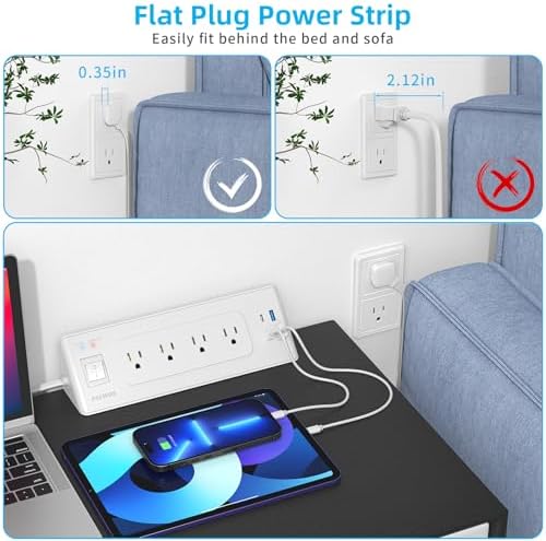 Transform Your Charging Setup with a Versatile Electrical Outlet Extender Featuring USB C – 4 AC Sockets, 15 Amps Surge Protector Power Strip, 6.5 Ft Flat Wall Plug Extension Cord – Ideal for Home Office and Dorm Use – Maximizes Device Connectivity and Fast Charging Efficiency