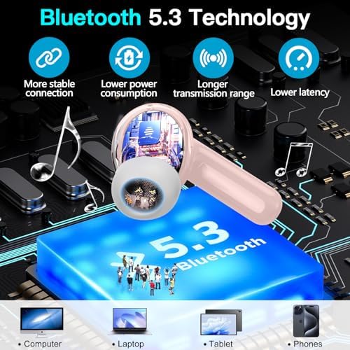 Kurdene Pink Wireless Earbuds – Advanced Bluetooth 5.3 Waterproof Headphones with Hi-Fi Stereo Sound and Active Noise Cancelling Mic for Ultimate Fitness Performance – Compatible with i Phone, Samsung & Android Devices
