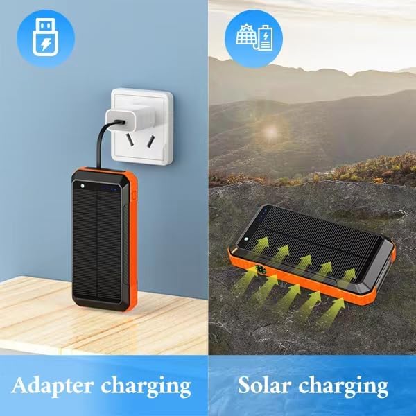Ultimate Solar Power Bank – 33,800 m Ah Wireless Charger with 4 Built-in Cables & 7 Outputs, 22.5 W Fast Charging for Outdoor Adventures – LED Camping Lights, Weather-Resistant Design, Compatible with All Mobile Devices – Eco-Friendly Portable Charger in Red