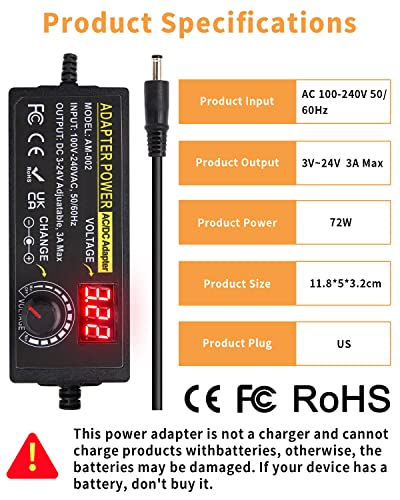 Versatile AOYADAISU 120 W Adjustable DC Power Supply with 14 Tips & Polarity Converter – Perfect for Fast Charging LED Strip Lights, Cameras, and More – 3 V-24 V Output with 5 A Maximum Current for Ultimate Compatibility and Performance