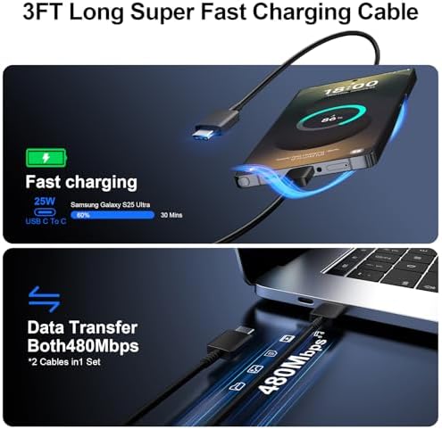 High-Speed 25 W Type C Wall Charger for Samsung Galaxy S25 Series – Includes Dual 10 FT USB-C Cables for Enhanced Flexibility and Safety – Lightning-Fast Charging with Compact Design for Travel Enthusiasts and Everyday Users