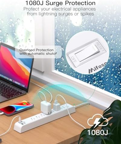 Dual Pack 12 FT Power Strip with 6 AC Outlets & 4 USB Ports, Including 2 USB-C – Versatile Surge Protector for Home, Office, and Dorm Use – Space-Saving Flat Plug Design, Wall Mountable for Ultimate Convenience and Safety