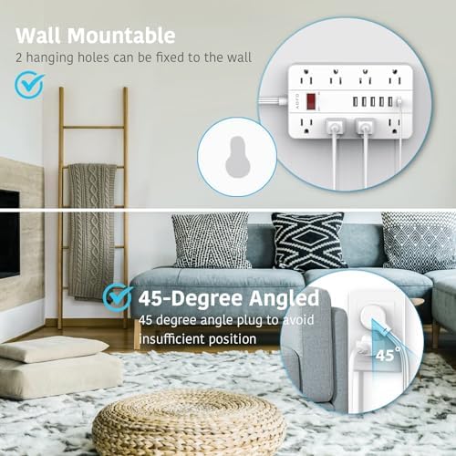 Compact Surge Protector Power Strip with 8 Outlets & 6 USB Ports – AOFO 5 ft Flat Extension Cord for Travel, Office & Dorm – Durable Design with USB-C Fast Charging, Enhanced Safety & Space Efficiency