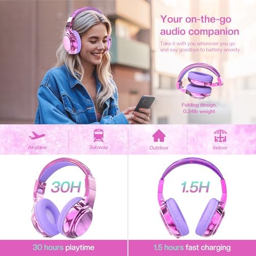 Qear Fun Kids Bluetooth 5.3 Headphones – Ultra-Lightweight Foldable Wireless Headset with Rapid Charging and Integrated Microphone for Seamless School and Travel Listening – Trendy Metallic Gradient Finish for Young Music Lovers – Perfectly Compatible with Tablets and i Pads – Superior Comfort and Sound Quality for Young Listeners