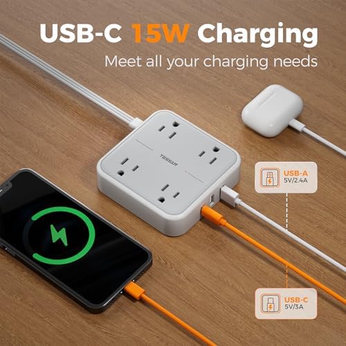 TESSAN 5 FT Flat Extension Cord Surge Protector – 4 Outlet Power Strip with 3 USB C Ports (1 USB C) for Fast Charging, 900 Joules Electronics Protection, Space-Saving Design for Home, Office, and Dorm Use, Enhanced Compatibility and Efficiency