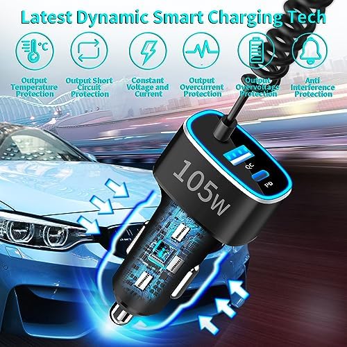 Rombica 105 W MFi Certified Dual USB-C & USB-A Fast Car Charger for i Phone 16 Pro Max – Ultimate Portable Power Solution with 6 FT Coiled Type-C Cable for Rapid Charging on the Go, Perfect for Road Trips and Daily Commuting