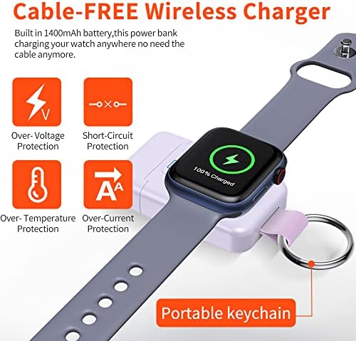 Compact Magnetic Wireless Power Bank for Apple Watch – HUOTO 1400 m Ah Travel Charger with Keychain Attachment for Series 9/8/7/6/SE/5/4/3/2/1/UItra/UItra 2 – Fast, Reliable Charging On-the-Go