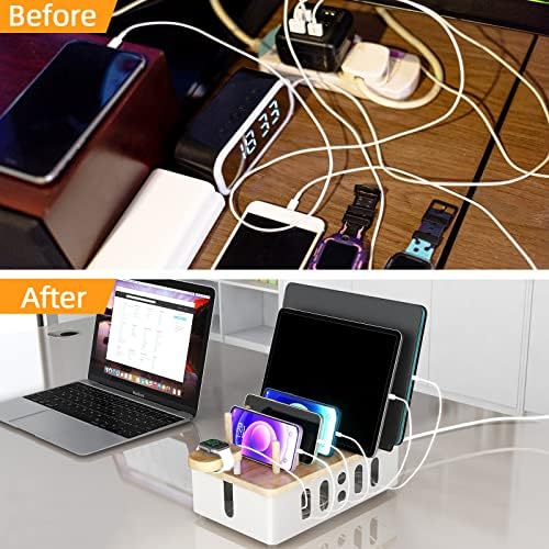 Modern Matte Black Multi-Device Charging Station with Wood Accents – Fast and Efficient Organizer for Phones, Tablets, and Smartwatches – Stylish Desk Accessory for Enhanced Workspace Organization and Productivity