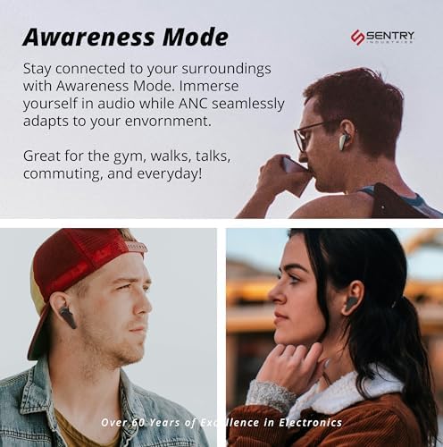 SENTRY OSE Wireless Stem Earbuds – Elevate Your Audio Experience with -20 d B Active Noise Cancellation, 10-Hour Playtime, and Touch Controls – Ideal for Commuters, Audiophiles, and On-the-Go Listening with Portable USB-C Charging Case and Built-In Microphone