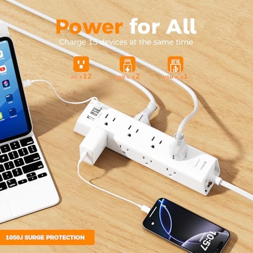 15 Ft Extension Cord with Power Strip Surge Protector – 12 AC Outlets & 3 USB Ports (Including 2 USB-C) for Fast Charging | Flat Plug Design for Space-Saving Wall Mounting | Essential Power Solution for Home, Office, and Dorm Room Use