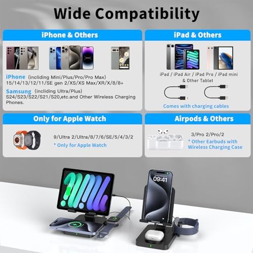 All-in-One 3 in 1 Wireless Charger: High-Speed Mag Safe Charging Station for i Phone 16 Pro Max/15/14/13/12, Foldable Apple Watch Dock 10/9, and Rotating i Pad Power Hub – Sleek Black Design for Ultimate Convenience and Compatibility