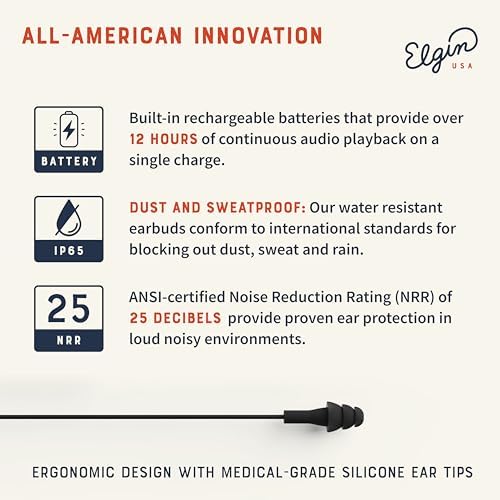 Elgin Ruckus OSHA Compliant Wireless Bluetooth Earplug Headphones – Advanced Noise Cancelling Earbuds with 25 d B Hearing Protection, 12-Hour Battery Life, and IP65 Sweatproof Design for Professionals – Superior Audio Clarity and Communication for Workplace Safety and Outdoor Adventures