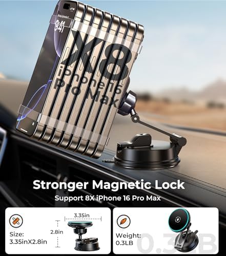 Mag Safe-Compatible Vacuum Suction Car Phone Holder – Versatile Magnetic Mount with Aerospace Alloy Arm for Tesla, Gym, Shower, and Smooth Surfaces – Secure Dashboard/Windshield Screen Solution for i Phone – 360-Degree Rotation for Optimal Viewing Angles and Hands-Free Safety