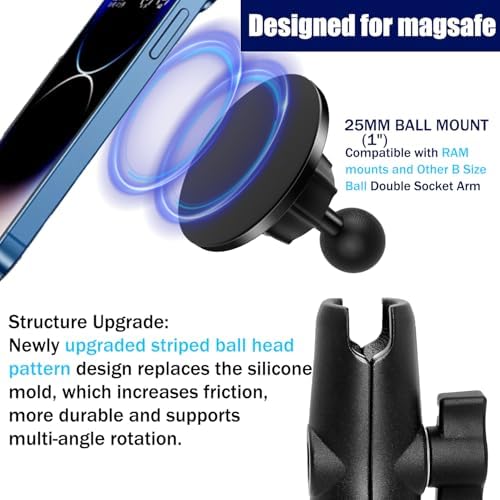 25 mm Mag Safe Ball Mount Phone Holder – Ultimate Compatibility for i Phone 12, 13, 14, 15 Series with RAM Mount B Size Socket – 360-Degree Rotatable Design for Hands-Free Navigation and Effortless Accessibility