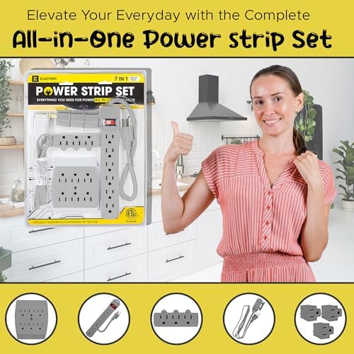 Comprehensive 7-Piece Multi-Outlet Power Management Kit – Versatile 6 Outlet Power Strip, Dual Outlet Extenders, 5 Ft Indoor Extension Cord & 3 Prong Adapters for Enhanced Compatibility – Essential Home & Office Surge Protection Solution in Sleek White Design