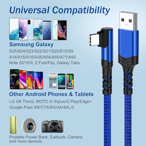 10 ft Right Angle USB C Cable 5-Pack – Fast Charging Nylon Braided Charger for Samsung Galaxy S25, S24, S23, A16, A15 & Google Pixel 9, 8 – Superior Durability and Comfort for Gaming and Daily Use – Enhanced Compatibility for All Type C Devices