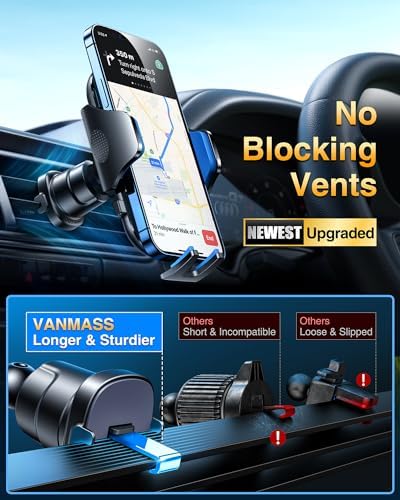 VANMASS Military-Grade Car Phone Holder – Maximum Durability for i Phone 16, 15 Pro Max, 14, 13 & Android Devices – Ultimate Dashboard, Windshield & Vent Mount with Secure Suction & Clip Mechanism for Safe Navigation – 360-Degree Adjustable Viewing for Effortless Access – Heavy-Duty Cell Cradle for Confident Driving