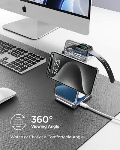 Hohosb Foldable 3-in-1 Magnetic Wireless Charger Station – Premium Zinc Alloy Design for i Phone 15/14/13/12, Air Pods Pro/3/2, and Apple Watch – Mag Safe Compatible, Fast Charging, and Travel-Friendly Solution for All Your Devices (Blue)