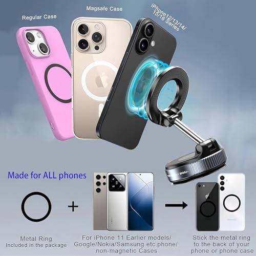 2025 Premium Vacuum Magnetic Phone Holder – 360° Rotatable Car Mount with 89 LB Suction Cup for i Phone & Android, Ideal for Gym and Mirror Use, Sleek Black Design with Superior Magnetic Strength and Universal Compatibility