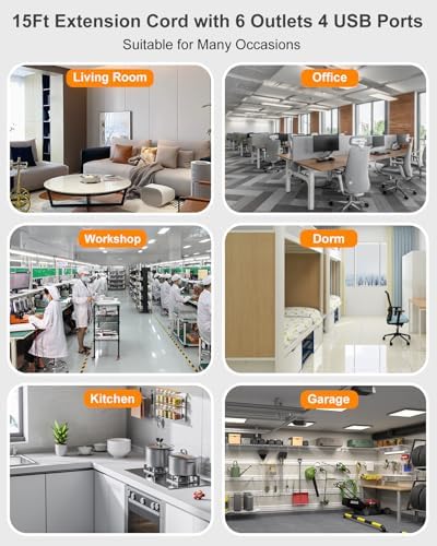 15 Ft USB Surge Protector Power Strip with 4 Fast-Charging Ports – Versatile 6-Outlet Desk Charging Station, Flat Plug & Wall Mount Design for Home Office, Dorm Room – Enhanced Durability & Convenience