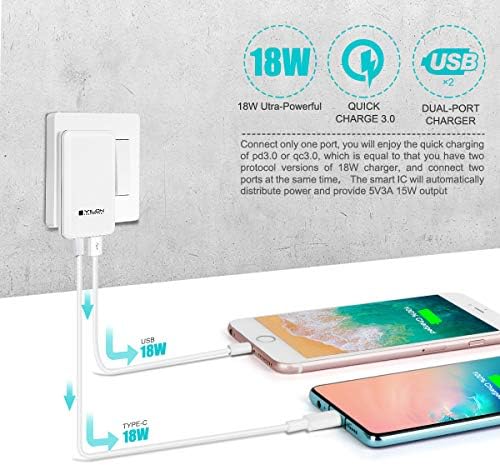 YILON Ultra-Slim 18 W Fast Plug Charger – Portable Dual-Port USB-C & QC3.0 Wall Adapter for Quick Charging i Phone X/11/12 Pro Max, Air Pods, Galaxy, i Pad Pro – Enhanced Safety & Travel Efficiency