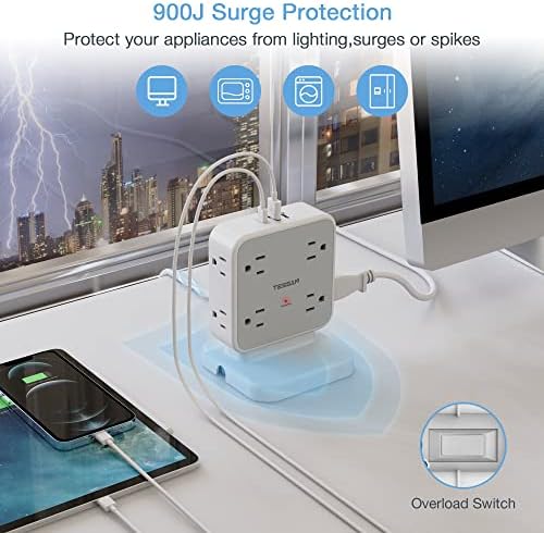 TESSAN Power Strip Tower Surge Protector: 8 AC Outlets & 3 USB Ports (1 USB-C) with 900 Joules Protection, 5 FT Flat Plug Extension Cord – Ultimate Desk Charging Station for Home Office and Dorm Room Efficiency