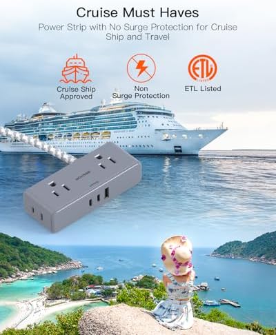 BESHON 10 ft Flat Plug Extension Cord with 4 Wide Outlets & 3 USB Ports (2 USB-C) – Versatile Power Strip for Home, Office & Dorm – Space-Saving Design with Surge Protection & Fast Charging Capabilities