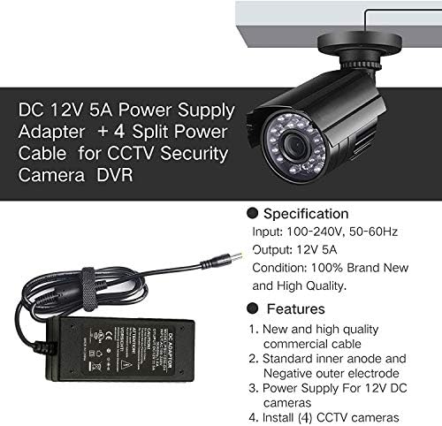 12 V 5 A UL Listed Power Supply with 4-Way Splitter Pigtail Cable – Ultimate Adapter for CCTV Surveillance and LED Lighting Solutions – Reliable Performance & Enhanced Device Compatibility for Security Systems